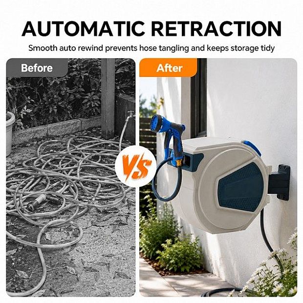 Enrollador de Manguera de Jardín Retráctil Automático al por Mayor de 30 m con Soporte de Pared Giratorio de 180° - 10Z01G