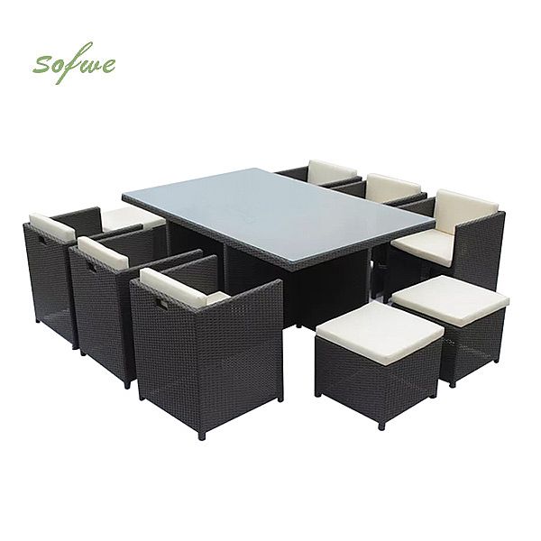 Mesa de comedor cubo de ratán con seis sillas para ahorrar espacio - 10D01A