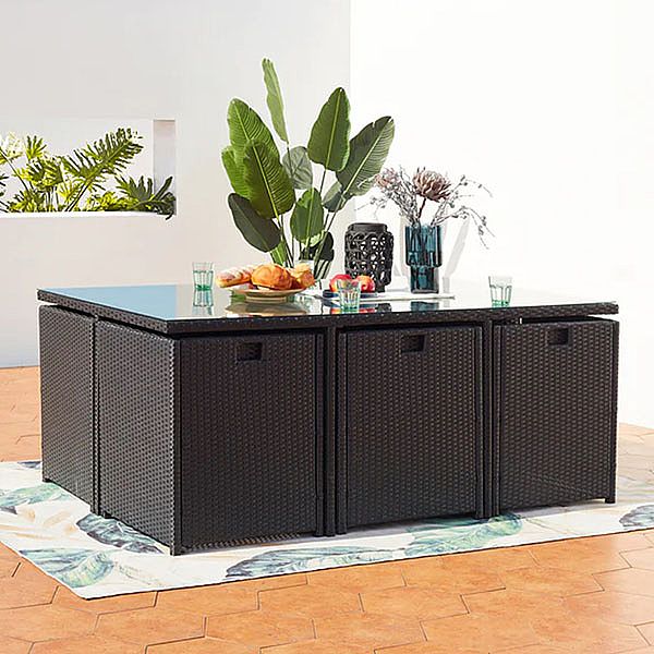 Mesa de comedor cubo de ratán con seis sillas para ahorrar espacio - 10D01A