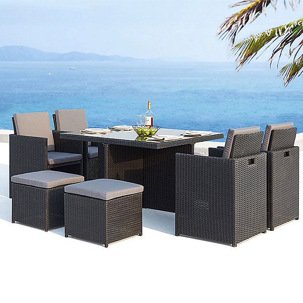 Conjunto de comedor de mimbre para exterior con dos otomanas y cuatro sillones Mesa de comedor - 10D01D