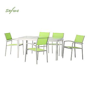 Juego de comedor de exterior de aluminio verde de 6 piezas