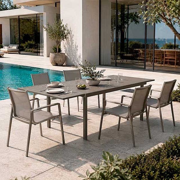 Mesa de Comedor de Aluminio Extensible con Tablero de Listones para Patio al por Mayor - 11D08B
