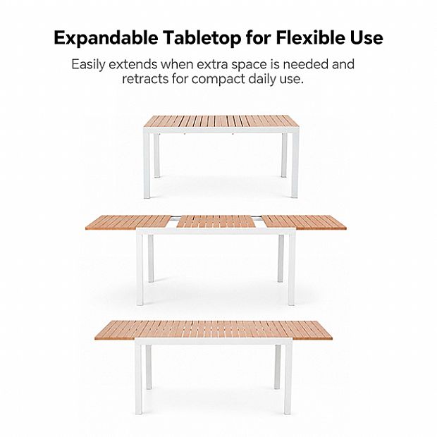 Mesa de Comedor Extensible de Aluminio para Patio al por Mayor con Tablero de Listones con Acabado de Madera - 11D08F