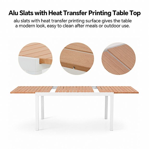 Mesa de Comedor Extensible de Aluminio para Patio al por Mayor con Tablero de Listones con Acabado de Madera - 11D08F