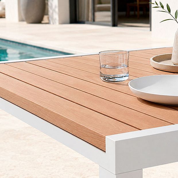 Mesa de Comedor Extensible de Aluminio para Patio al por Mayor con Tablero de Listones con Acabado de Madera - 11D08F