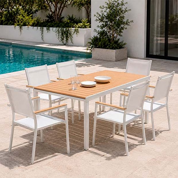 Mesa de Comedor Extensible de Aluminio para Patio al por Mayor con Tablero de Listones con Acabado de Madera - 11D08F