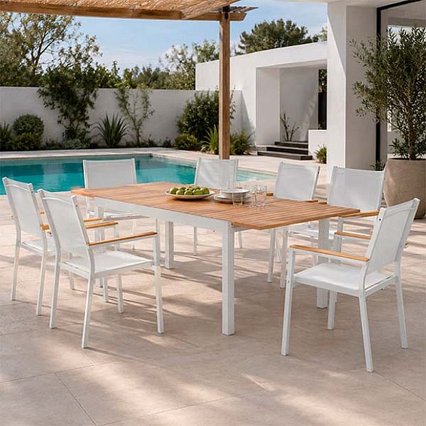 Mesa de Comedor Extensible de Aluminio para Patio al por Mayor con Tablero de Listones con Acabado de Madera - 11D08F