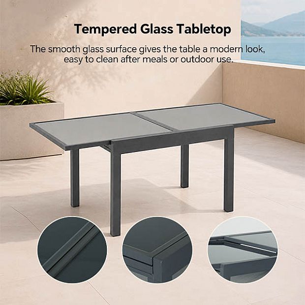 HF Patios Mesa de Comedor Extensible para Exterior con Tablero de Vidrio Templado de 5 mm con Serigrafía | Venta al por Mayor - 11D10A