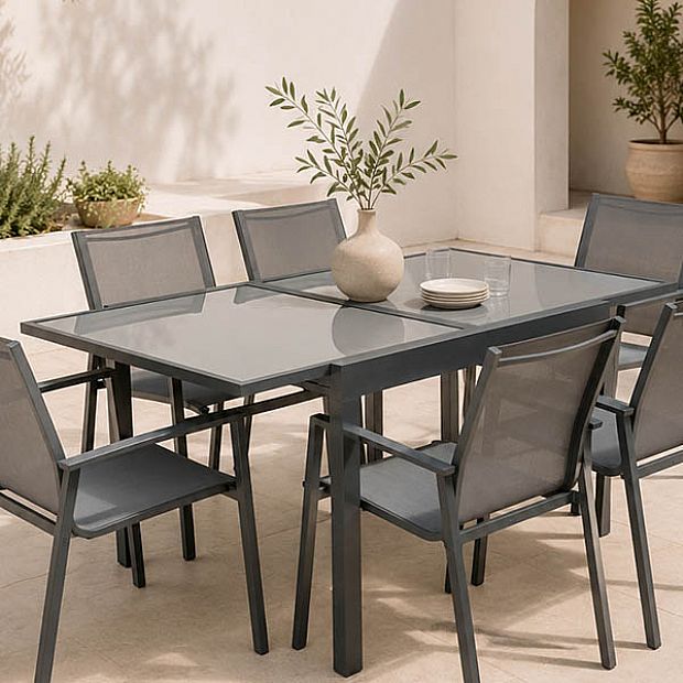 HF Patios Mesa de Comedor Extensible para Exterior con Tablero de Vidrio Templado de 5 mm con Serigrafía | Venta al por Mayor - 11D10A