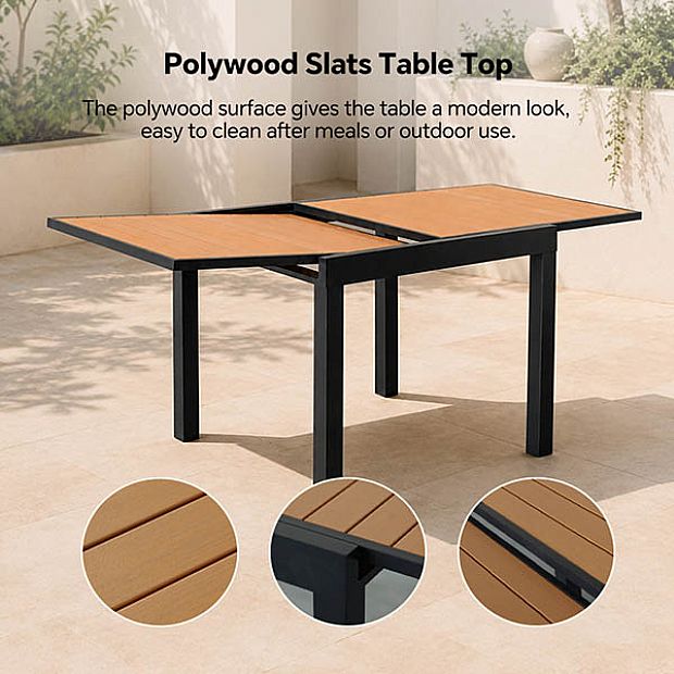 HF Patios Mesa de Comedor Extensible para Exterior con Estructura de Aluminio y Tablero de Listones de WPC | Venta al por Mayor - 11D10H