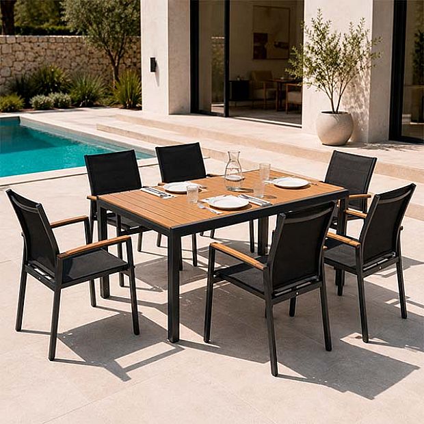 Mesa de Comedor Extensible de WPC para Patio con Estructura de Aluminio con Recubrimiento en Polvo al por Mayor - 11D10J
