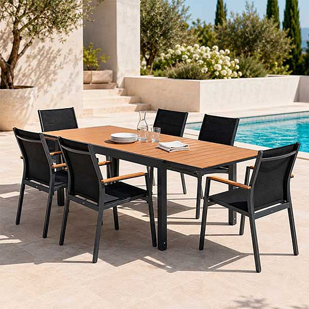 Mesa de Comedor Extensible de WPC para Patio con Estructura de Aluminio con Recubrimiento en Polvo al por Mayor - 11D10J