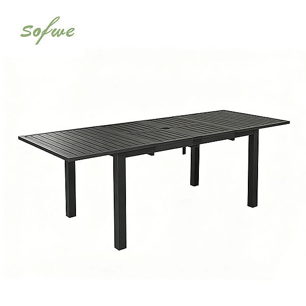 Mesa de comedor extensible de aluminio con alas de mariposa y orificio para sombrilla, ideal para el jardín - 11D26B