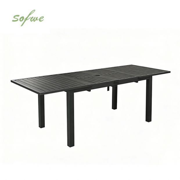 Mesa de comedor extensible de aluminio con alas de mariposa y orificio para sombrilla, ideal para el jardín - 11D26B