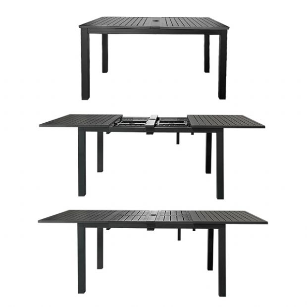 Mesa de comedor extensible de aluminio con alas de mariposa y orificio para sombrilla, ideal para el jardín - 11D26B