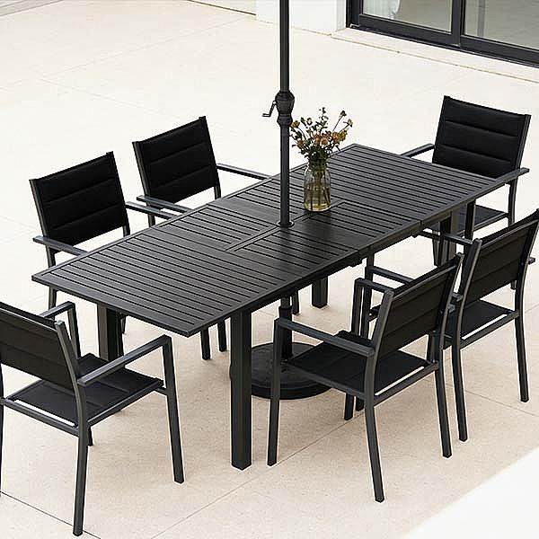 Mesa de comedor extensible de aluminio con alas de mariposa y orificio para sombrilla, ideal para el jardín - 11D26B