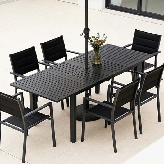 Mesa de comedor extensible de aluminio con alas de mariposa y orificio para sombrilla, ideal para el jardín - 11D26B