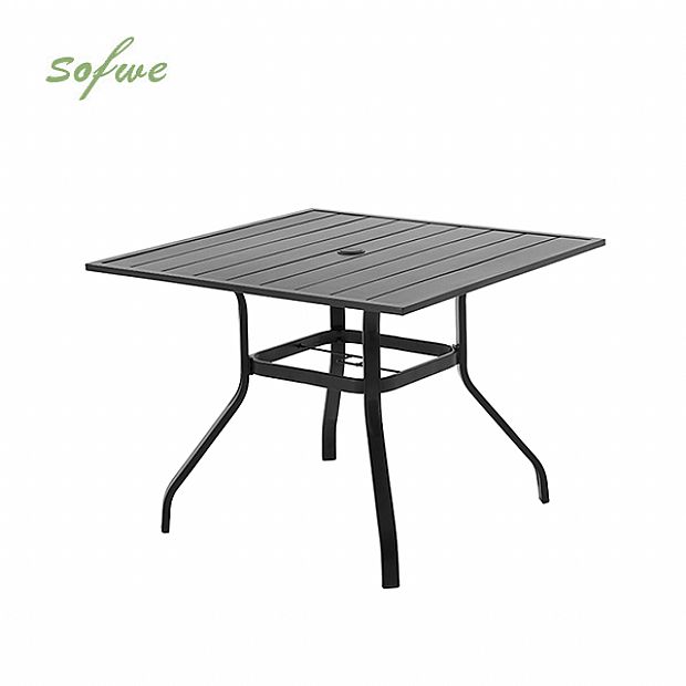 HF Patios Mesa Cuadrada de Comedor para Exterior de Hierro con Orificio para Sombrilla y Tablero de Listones | Venta al por Mayor - 11C12N