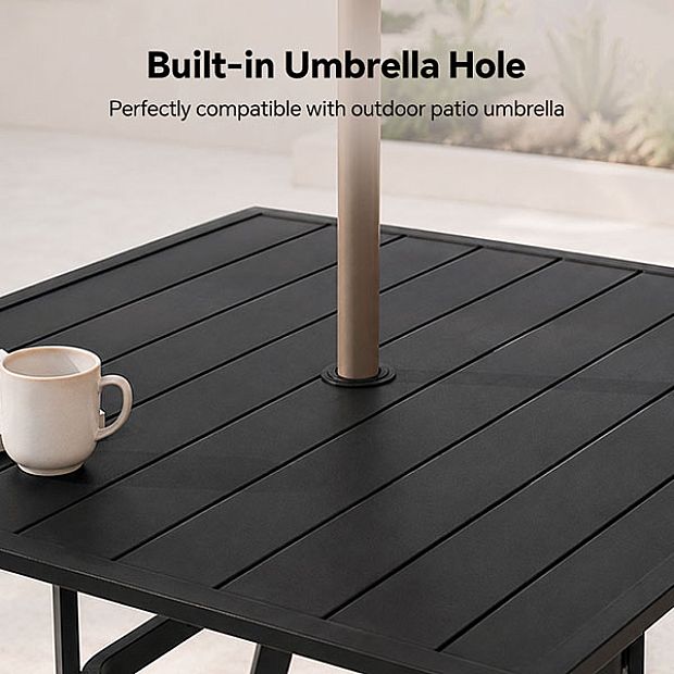 HF Patios Mesa Cuadrada de Comedor para Exterior de Hierro con Orificio para Sombrilla y Tablero de Listones | Venta al por Mayor - 11C12N