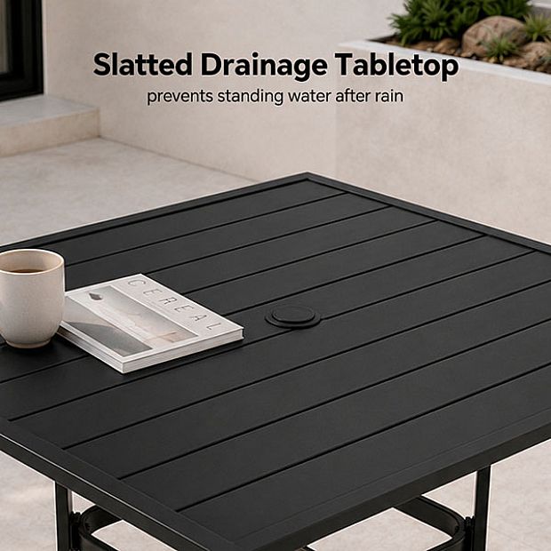 HF Patios Mesa Cuadrada de Comedor para Exterior de Hierro con Orificio para Sombrilla y Tablero de Listones | Venta al por Mayor - 11C12N