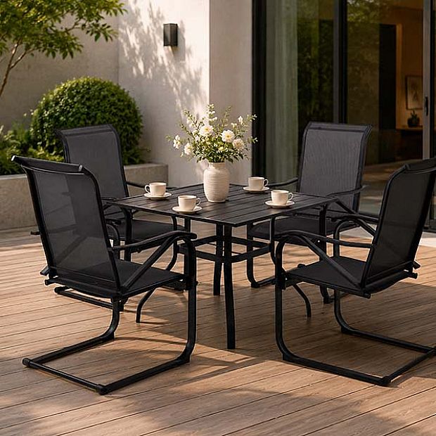 HF Patios Mesa Cuadrada de Comedor para Exterior de Hierro con Orificio para Sombrilla y Tablero de Listones | Venta al por Mayor - 11C12N