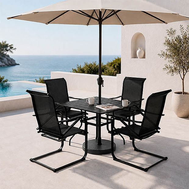 HF Patios Mesa Cuadrada de Comedor para Exterior de Hierro con Orificio para Sombrilla y Tablero de Listones | Venta al por Mayor - 11C12N