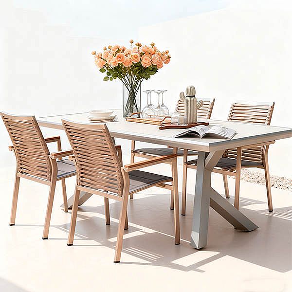 Mesa de comedor rectangular de 6 plazas para exterior, fabricada en aleación de aluminio con tablero de PS imitación madera - 11D26A