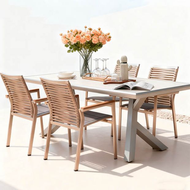 Mesa de comedor rectangular de 6 plazas para exterior, fabricada en aleación de aluminio con tablero de PS imitación madera - 11D26A
