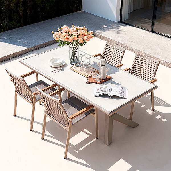 Mesa de comedor rectangular de 6 plazas para exterior, fabricada en aleación de aluminio con tablero de PS imitación madera - 11D26A