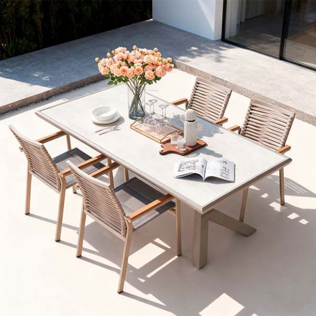 Mesa de comedor rectangular de 6 plazas para exterior, fabricada en aleación de aluminio con tablero de PS imitación madera - 11D26A