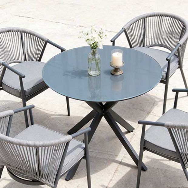 Mesa de comedor redonda para exterior con tablero de cristal esmerilado estampado de 5 mm - 11D26F