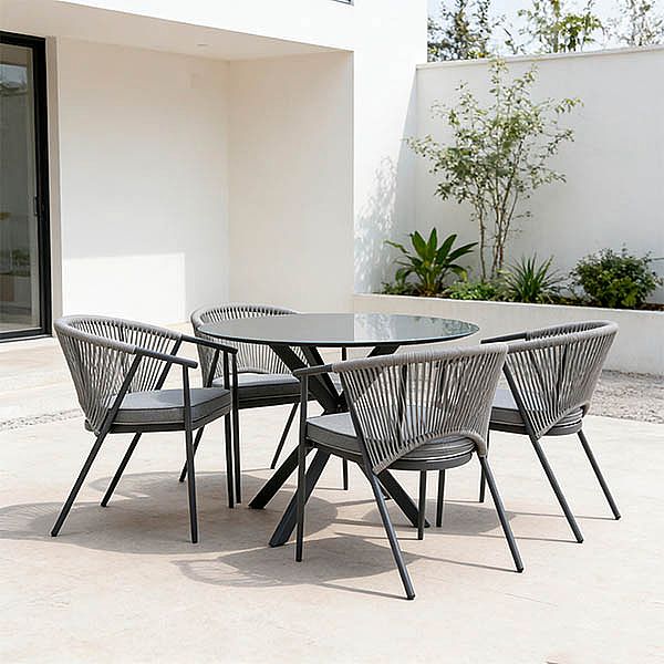 Mesa de comedor redonda para exterior con tablero de cristal esmerilado estampado de 5 mm - 11D26F