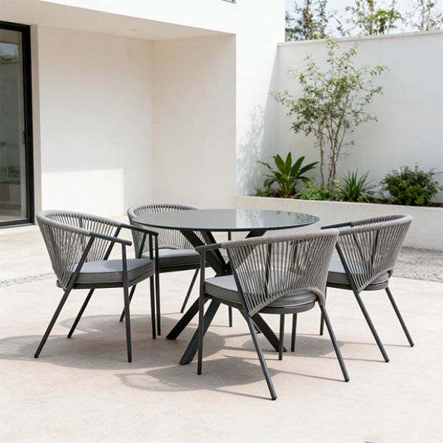 Mesa de comedor redonda para exterior con tablero de cristal esmerilado estampado de 5 mm - 11D26F