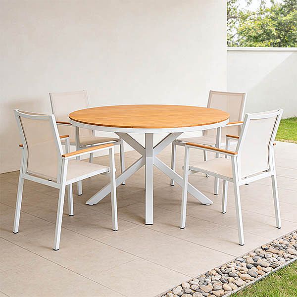 Mesa de comedor redonda de exterior con tablero de madera-plástico compuesta, ideal para terrazas y jardines - 11D26H
