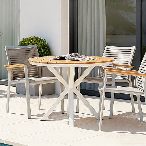 Mesa de comedor redonda de exterior con tablero de madera-plástico compuesta, ideal para terrazas y jardines - 11D26H
