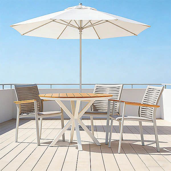 Mesa de comedor redonda de exterior con tablero de madera-plástico compuesta, ideal para terrazas y jardines - 11D26H