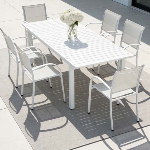 Silla de comedor apilable de aluminio para exteriores con reposabrazos y asiento tipo hamaca - 11D11K