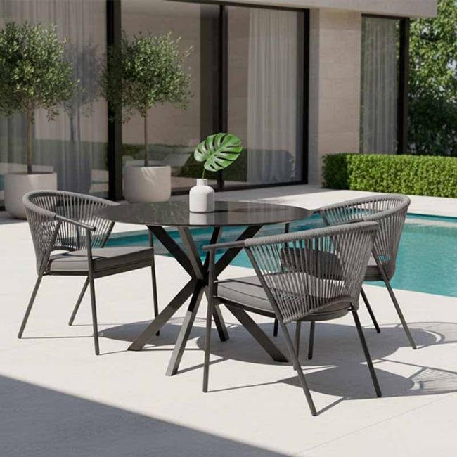 Silla de comedor redonda para exterior con respaldo de cuerda trenzada - 11D27I