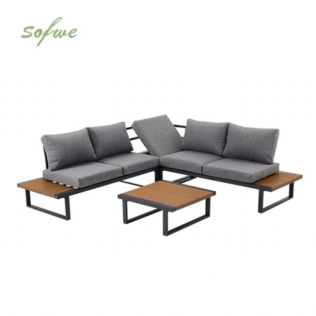 Conjunto de sofás esquineros para exterior con respaldo ajustable y mesas auxiliares con aspecto de madera - 11C03E