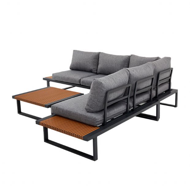 Conjunto de sofás esquineros para exterior con respaldo ajustable y mesas auxiliares con aspecto de madera - 11C03E