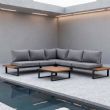 Conjunto de sofás esquineros para exterior con respaldo ajustable y mesas auxiliares con aspecto de madera - 11C03E