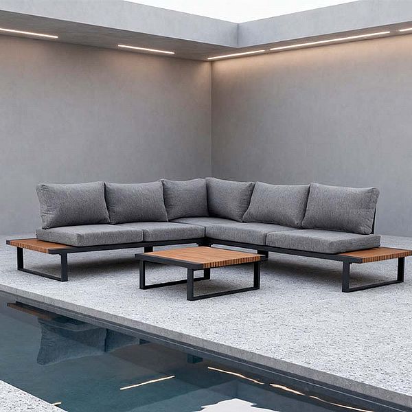 Conjunto de sofás esquineros para exterior con respaldo ajustable y mesas auxiliares con aspecto de madera - 11C03E