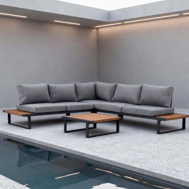 Conjunto de sofás esquineros para exterior con respaldo ajustable y mesas auxiliares con aspecto de madera - 11C03E