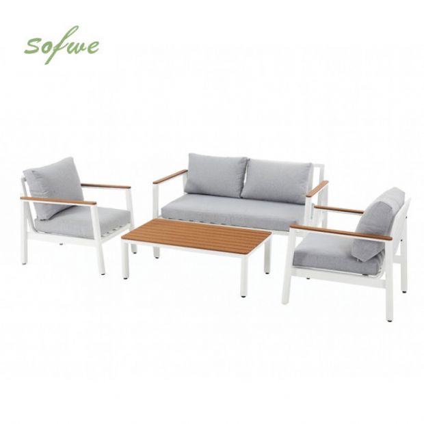 Conjunto de sofás de aluminio para exterior de 4 piezas con acabado de veta de madera - 11C11D