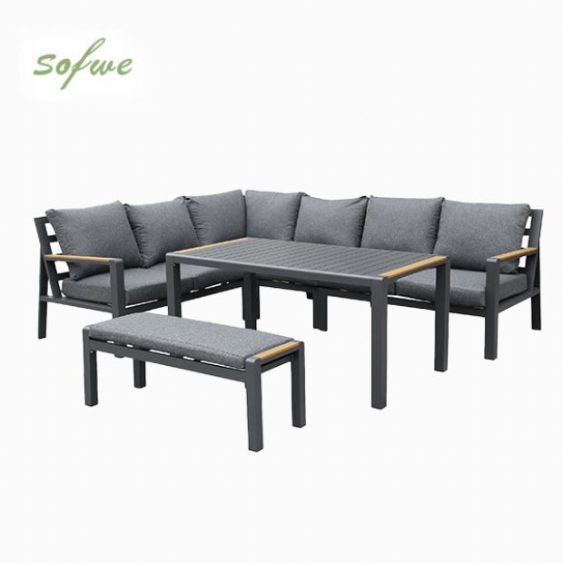 Conjunto de sofá esquinero de aluminio para patio exterior con mesa de centro y reposapiés - 11C12A