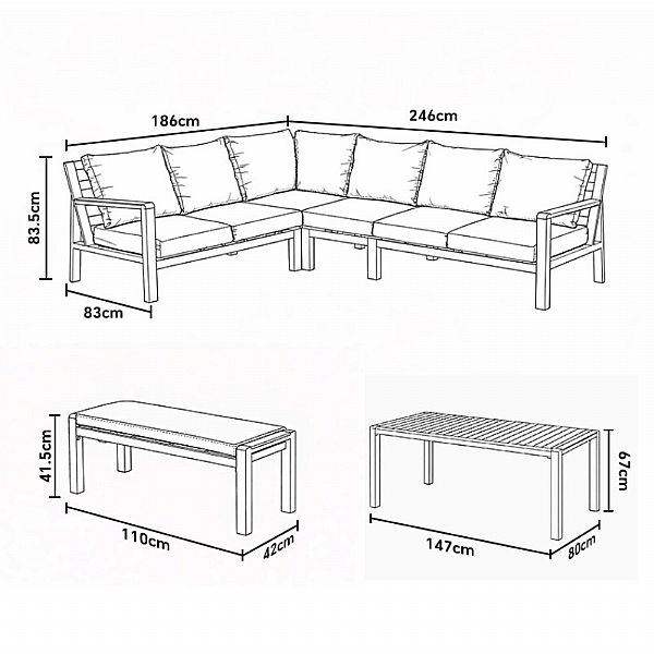 Conjunto de sofá esquinero de aluminio para patio exterior con mesa de centro y reposapiés - 11C12A