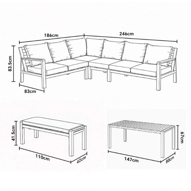 Conjunto de sofá esquinero de aluminio para patio exterior con mesa de centro y reposapiés - 11C12A