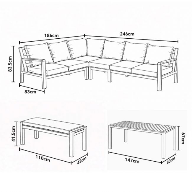 Conjunto de sofá esquinero de aluminio para patio exterior con mesa de centro y reposapiés - 11C12A