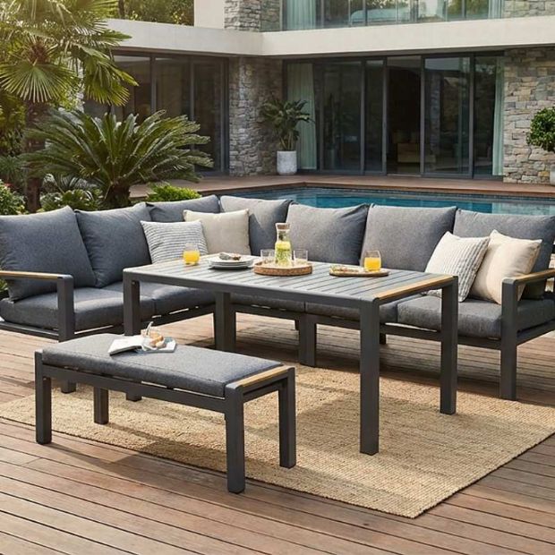 Conjunto de sofá esquinero de aluminio para patio exterior con mesa de centro y reposapiés - 11C12A