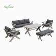 Conjuntos de sofás de salón de exterior de diseño moderno al por mayor con mesa con patas en X y banco - 11C12B